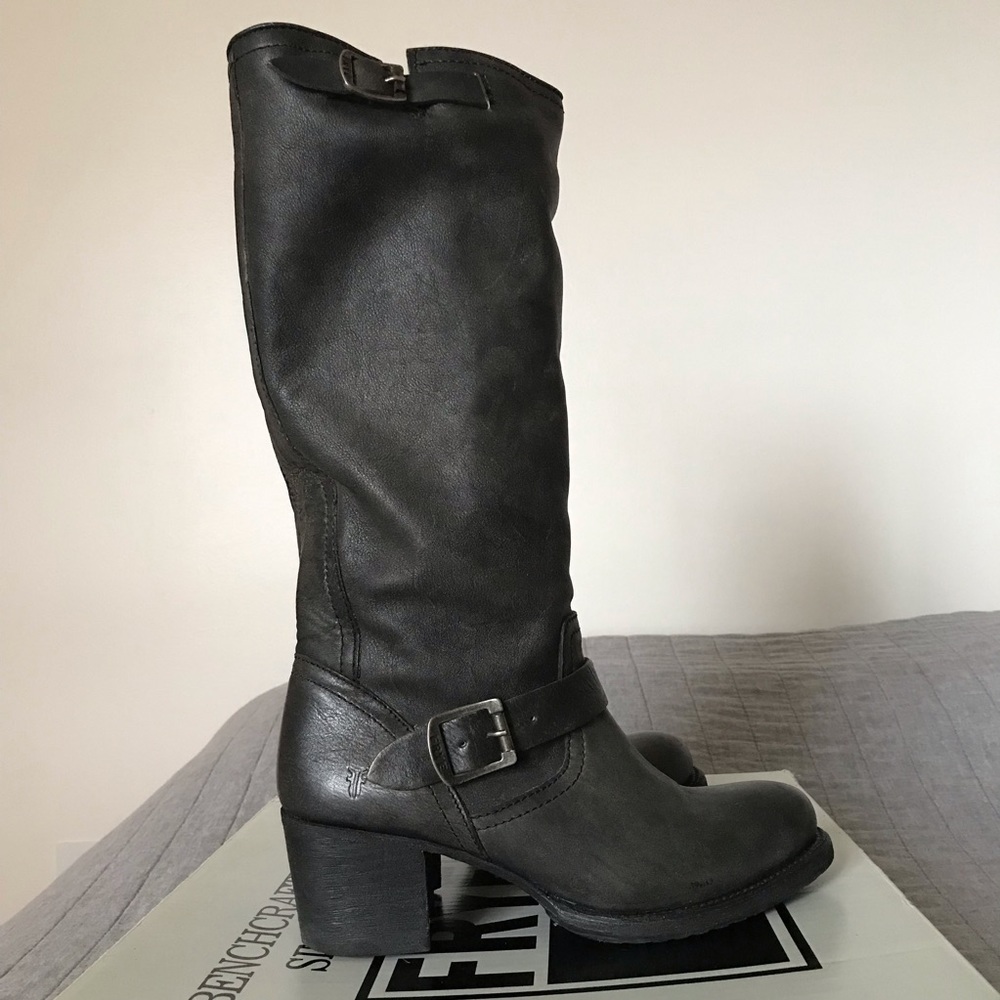Frye Black Leather Mid-Calf Heeled Boots